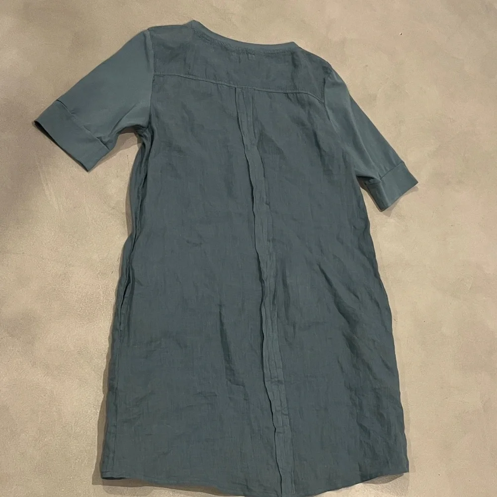 Flax Slate Blue Short Sleeve Linen Midi Dress